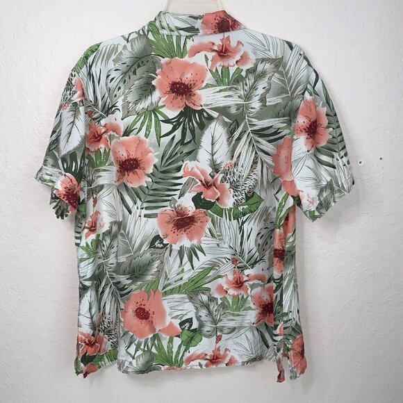 Stunt Floral Camp Shirt Womens XL Silk Button Up Side Slits Hibiscus Tropical - Picture 3 of 9